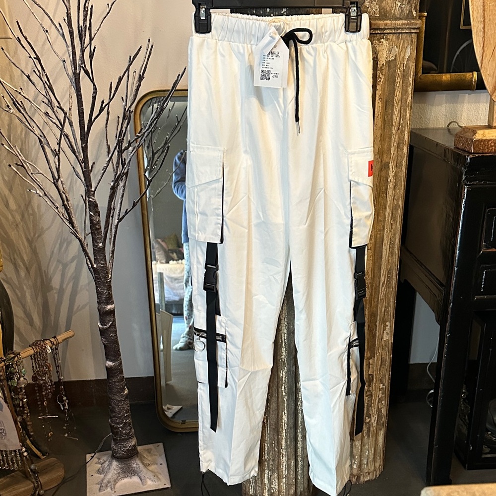 White Cargo Pants with Black Accents